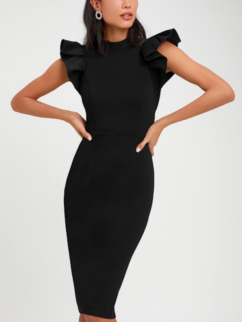 Lulus Stylish Splendor Black Backless Ruffle Bodycon Midi Dress - Size S